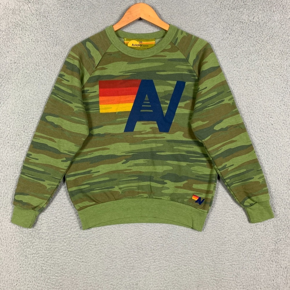 Aviator Nation Sweatshirt Adult XS Green Camo Crewneck Fleece‎ Pullover AV Logo - Picture 2 of 10